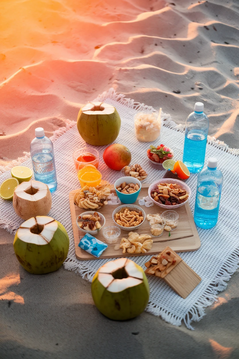 Beach snacks and drinks on a mat.