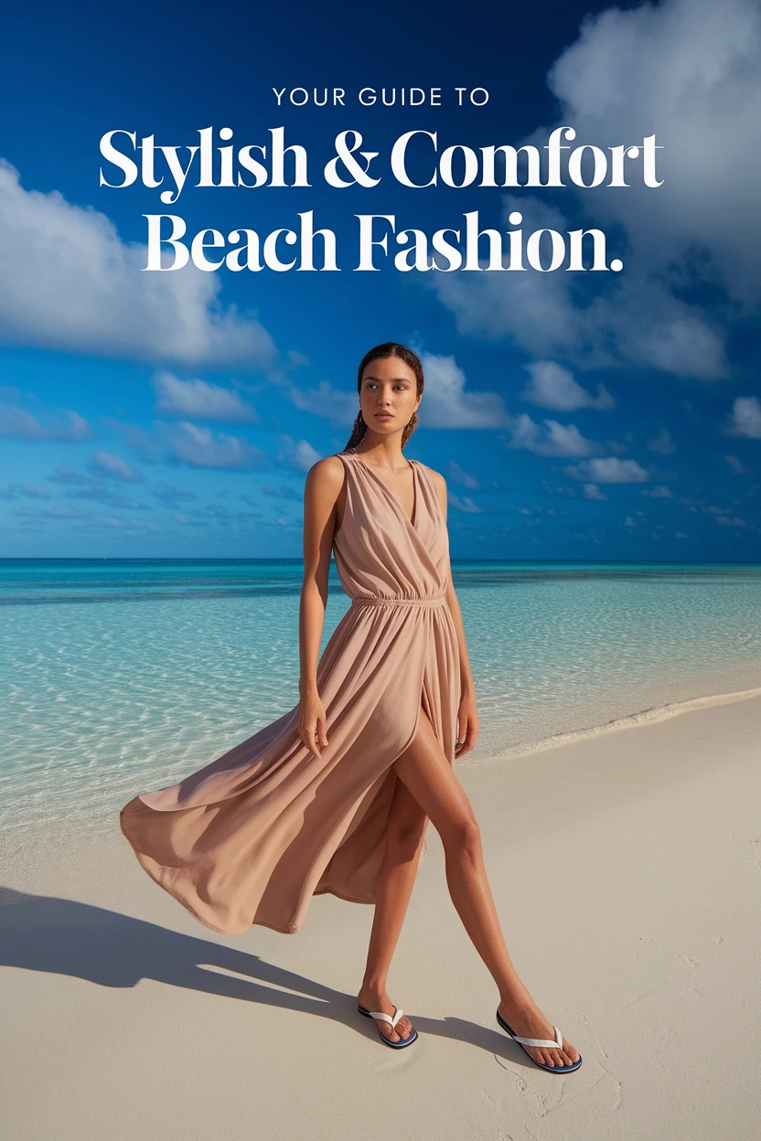 Trendy beach outfit and sandals.