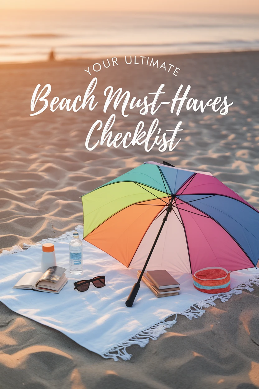 Beach essentials laid out on a blanket.