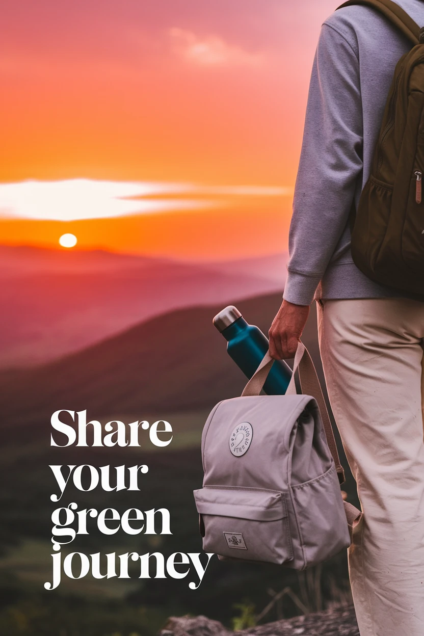 Traveler capturing sunset with eco-friendly gear, symbolizing sharing green travel.