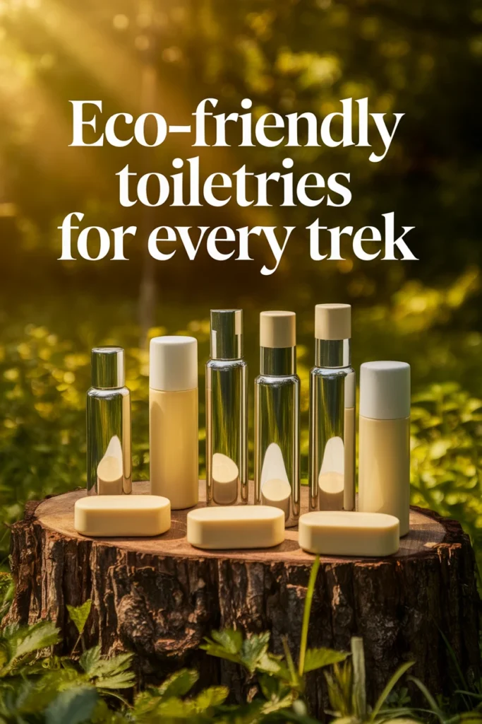 Eco-friendly toiletries in a natural setting, demonstrating sustainable travel essentials