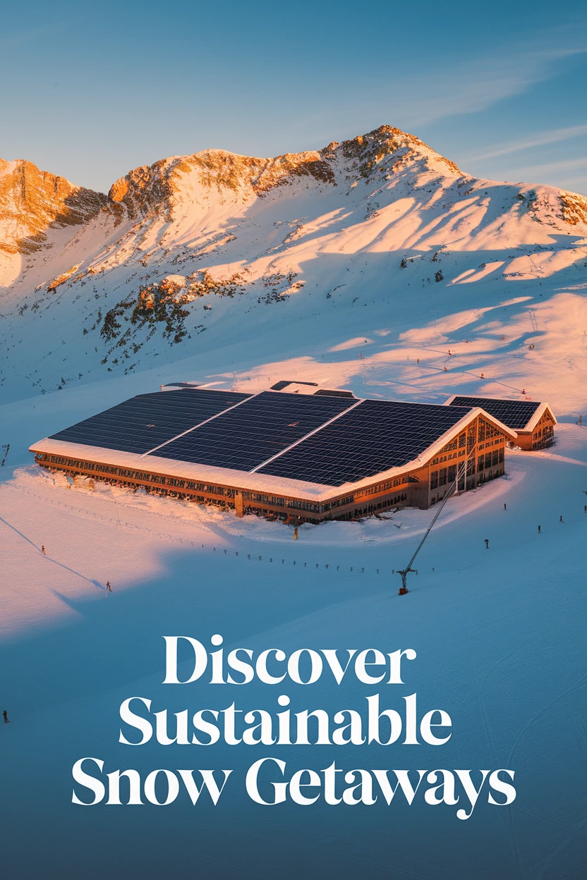 Ski resort with solar panels under a clear sky, showcasing sustainable destination.