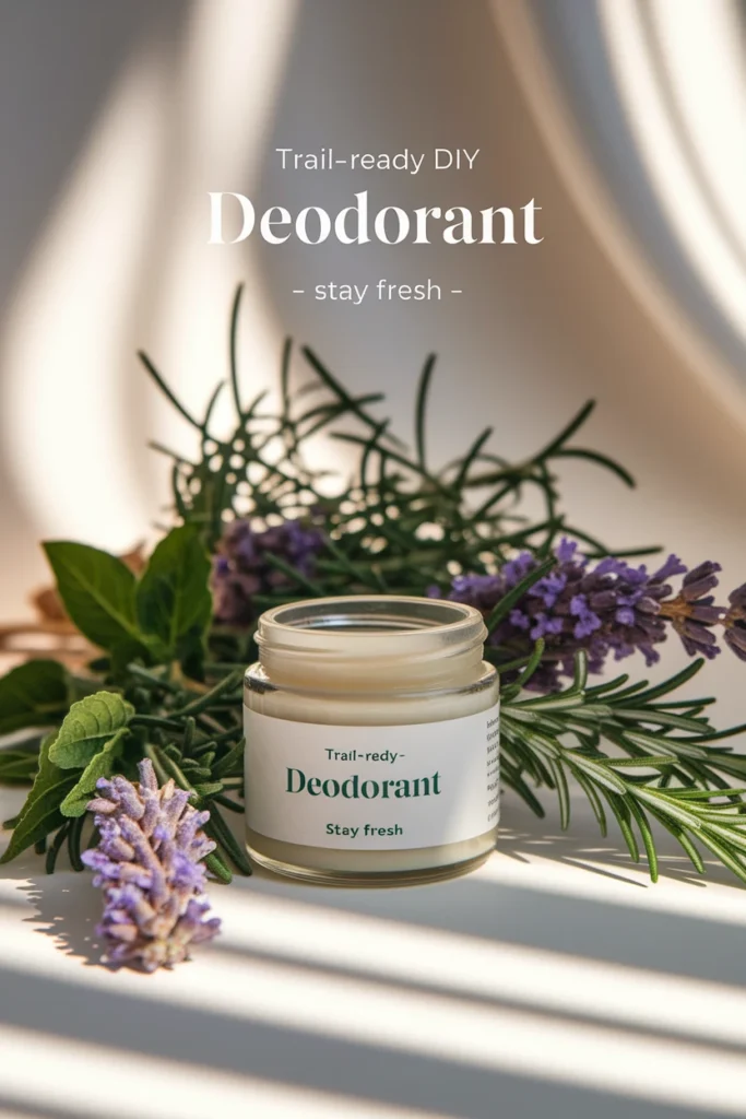 Jar of natural DIY deodorant amidst herbs for freshness