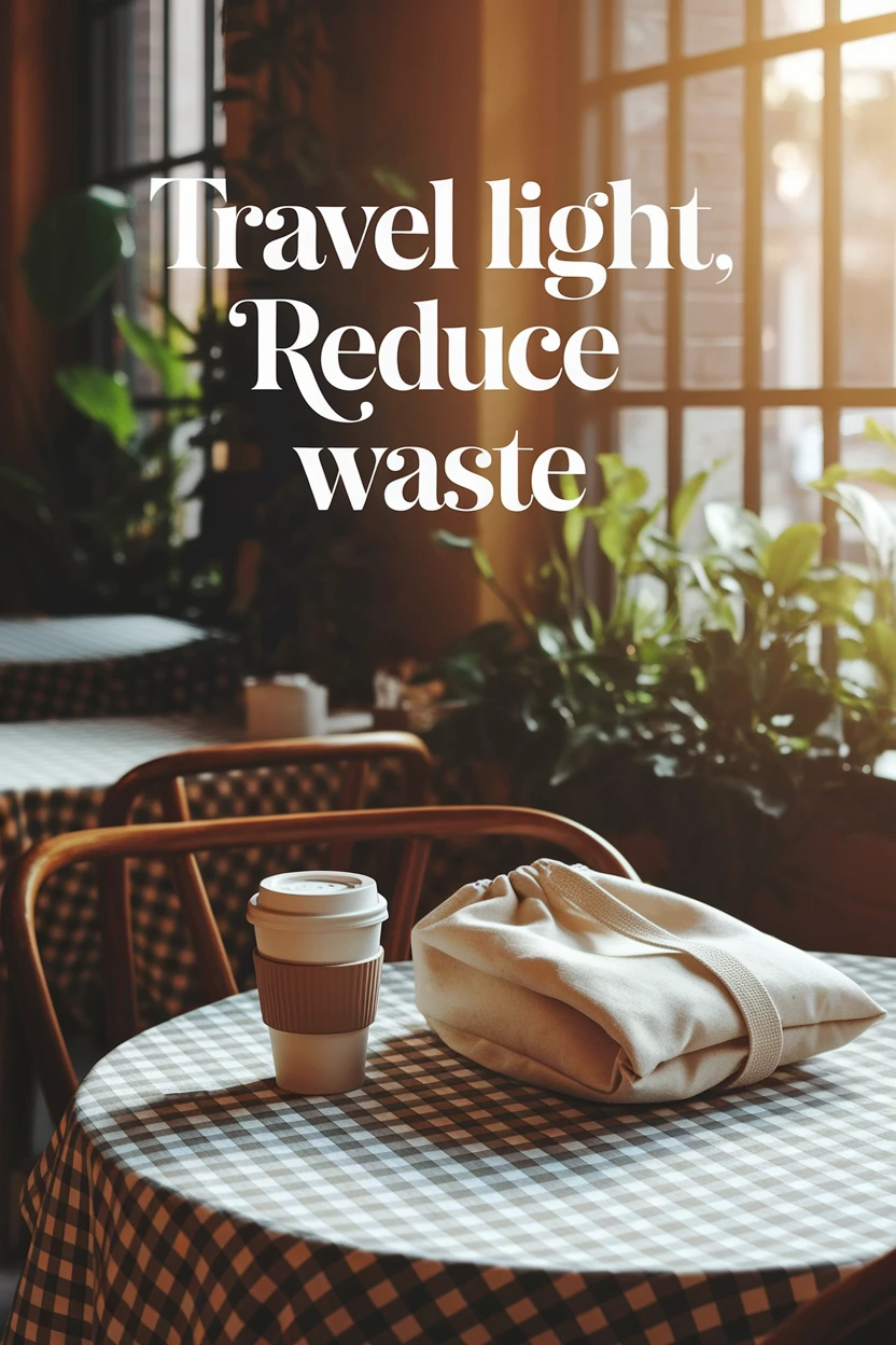 Reusable coffee cup and cloth bag at café, illustrating waste reduction in travel.