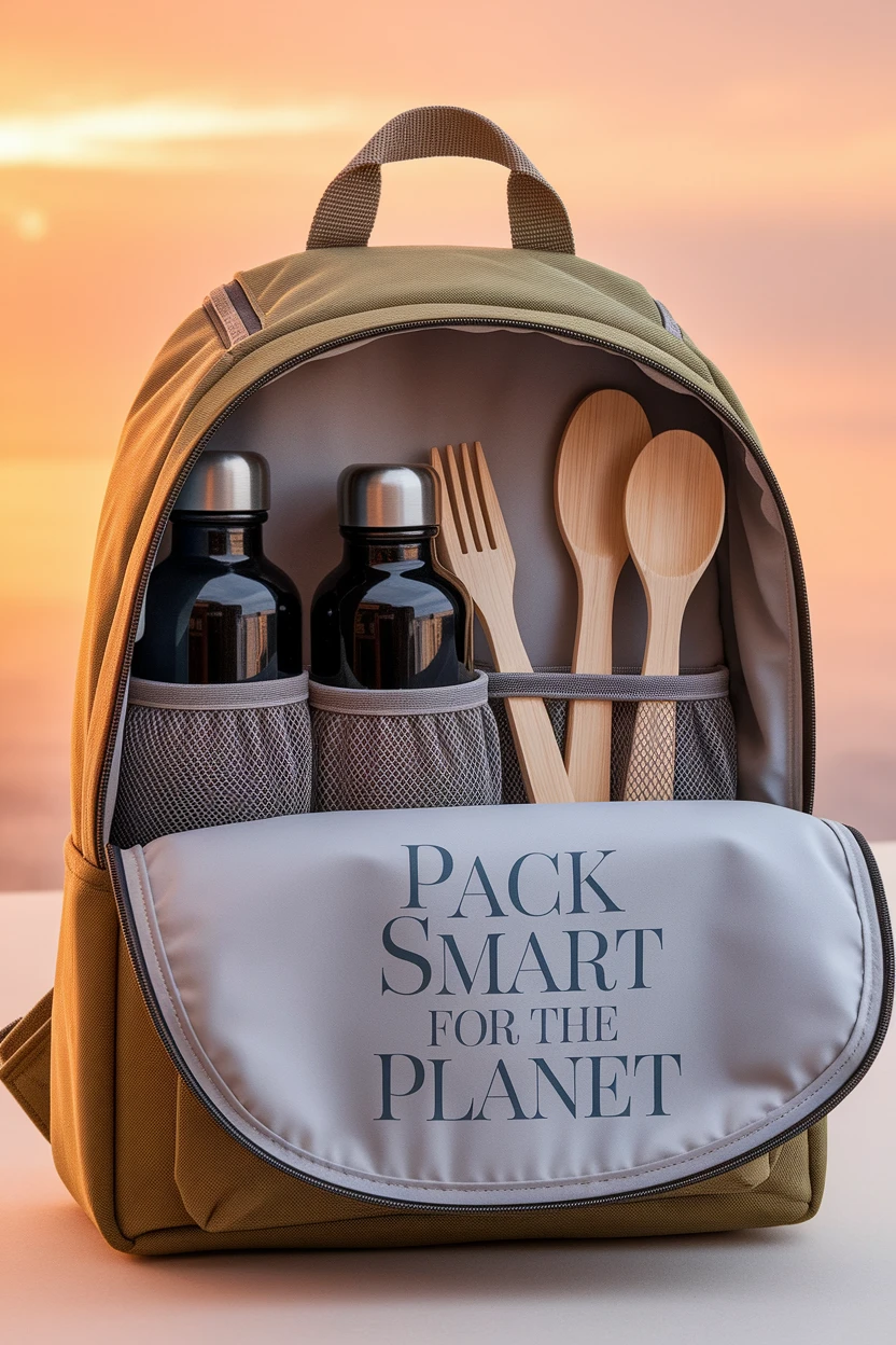 Backpack with reusable items like bamboo utensils, representing sustainable packing.