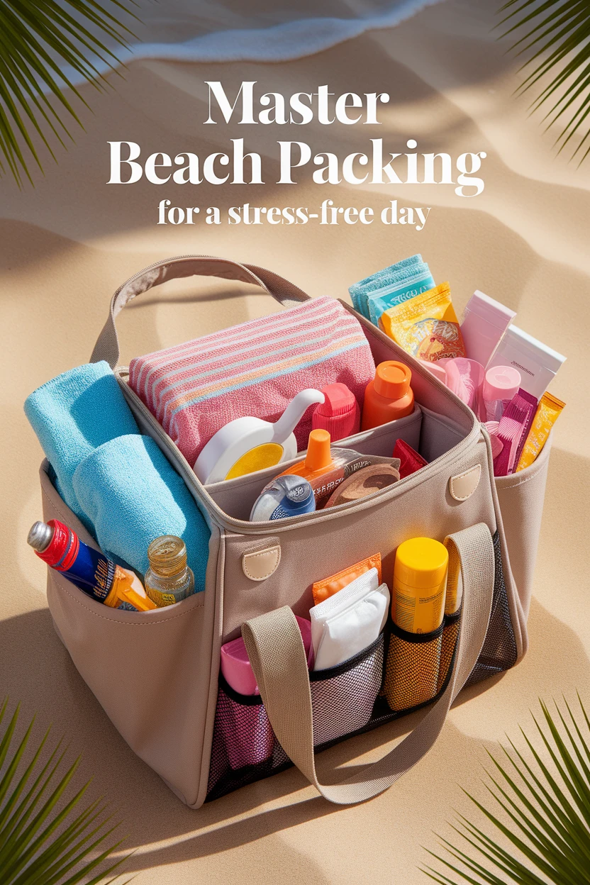 Packed beach bag with organized compartments