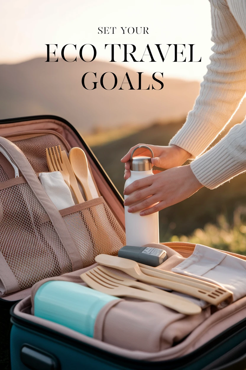Traveler packing reusable items, illustrating the setting of eco travel goals.