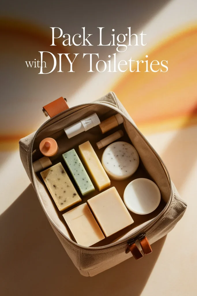Sustainable toiletry bag packed with homemade travel items