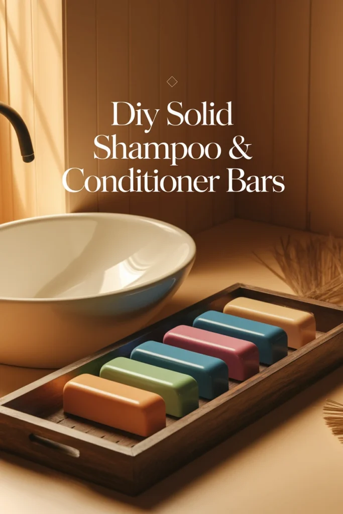 Solid shampoo bars displayed on a wooden tray, promoting eco-friendly bathing