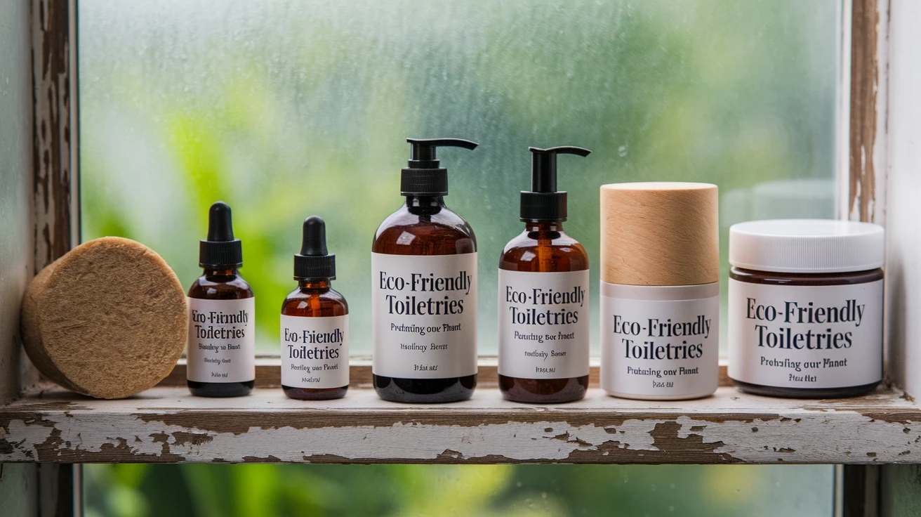 Eco-friendly toiletries on a shelf, highlighting sustainable travel choices